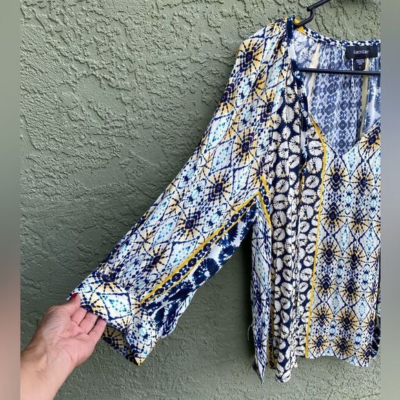 NWT KAREN KANE Blue/Yellow/White Riviera Boho Peasant 100% Cotton Top Large - Picture 2 of 13